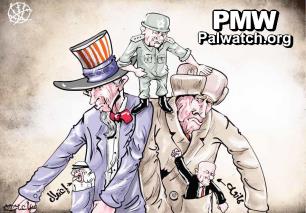 Official Palestinian Authority daily cartoon: Midget Israel rules the world
